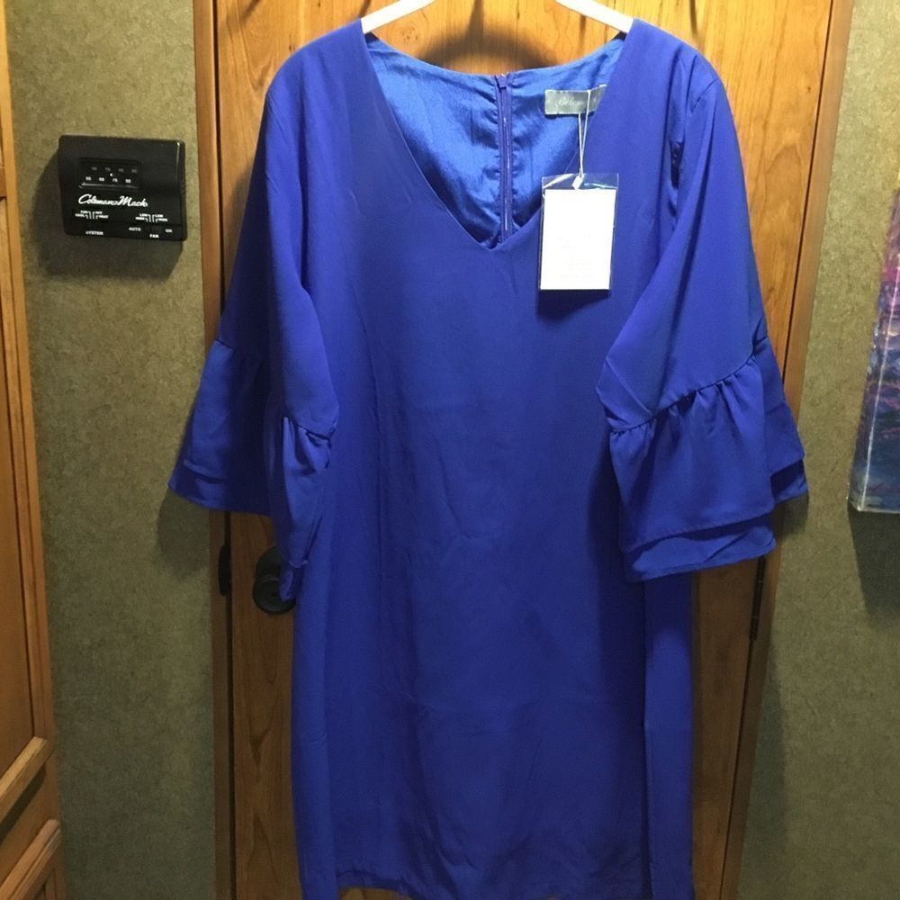 NWT. Belongsci Brand Women’s Lined Blue Crepe Dress with Bell Sleeves
